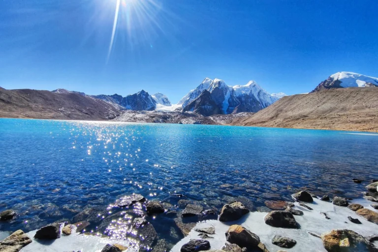 High altitude lake in Sikkim with turquoise water, rocky shore, and snow-capped Himalayan peaks.