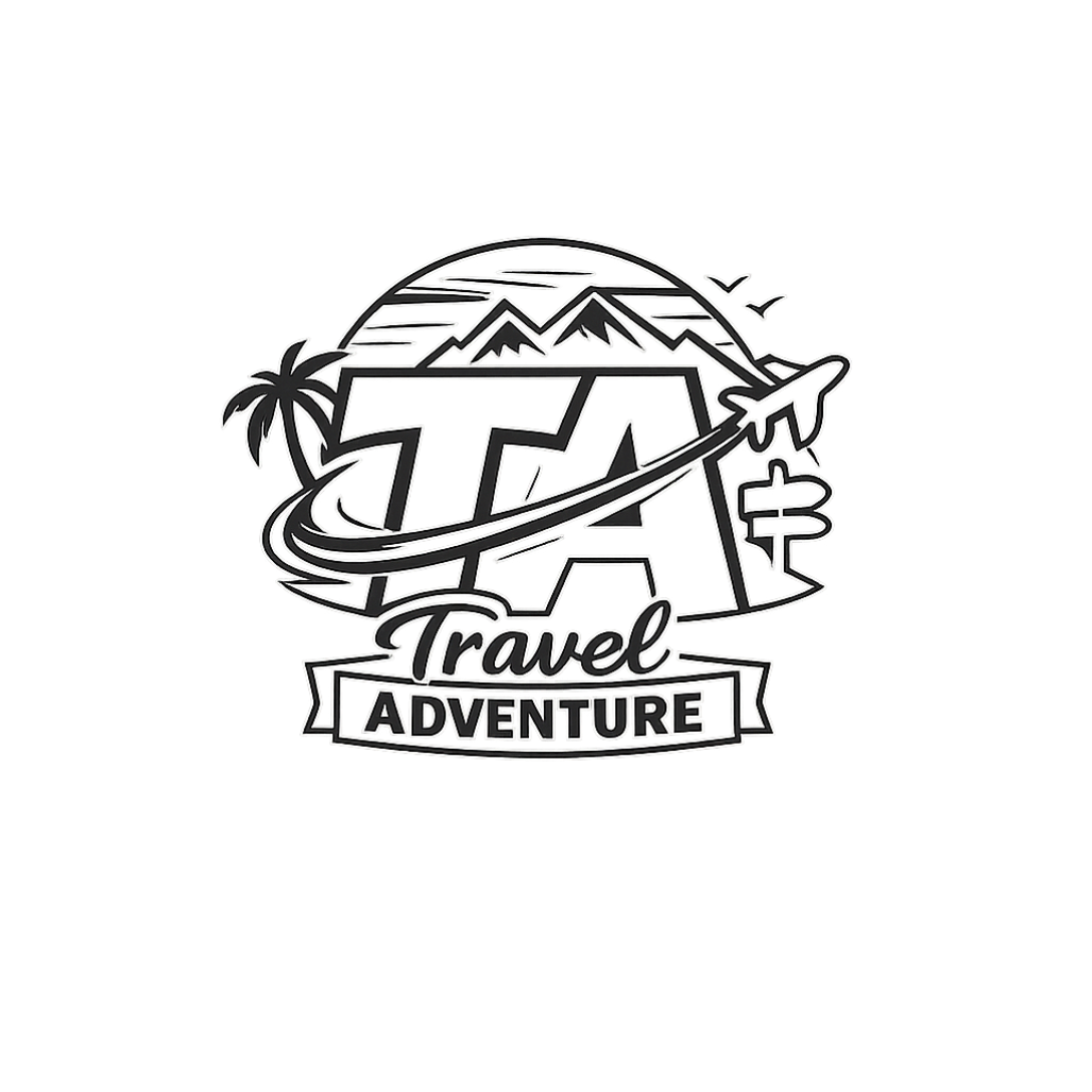 Travel Adventure logo with TA initials representing mountain treks, beach journeys, sea adventures, exotic travel, and food exploration