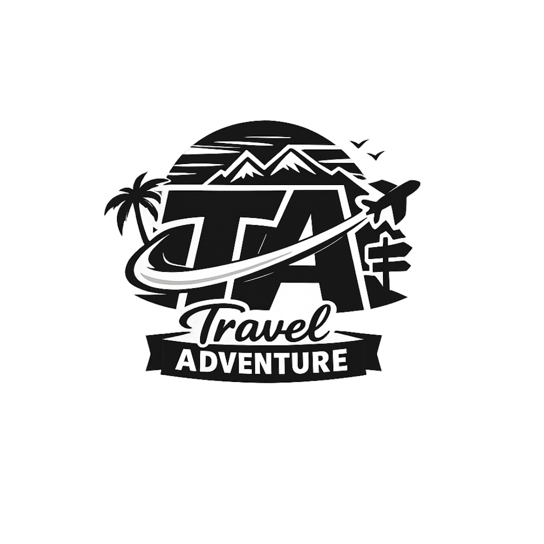 Travel Adventure TA logo symbolizing mountain treks, beach escapes, ocean adventures, exotic journeys, and travel food experiences